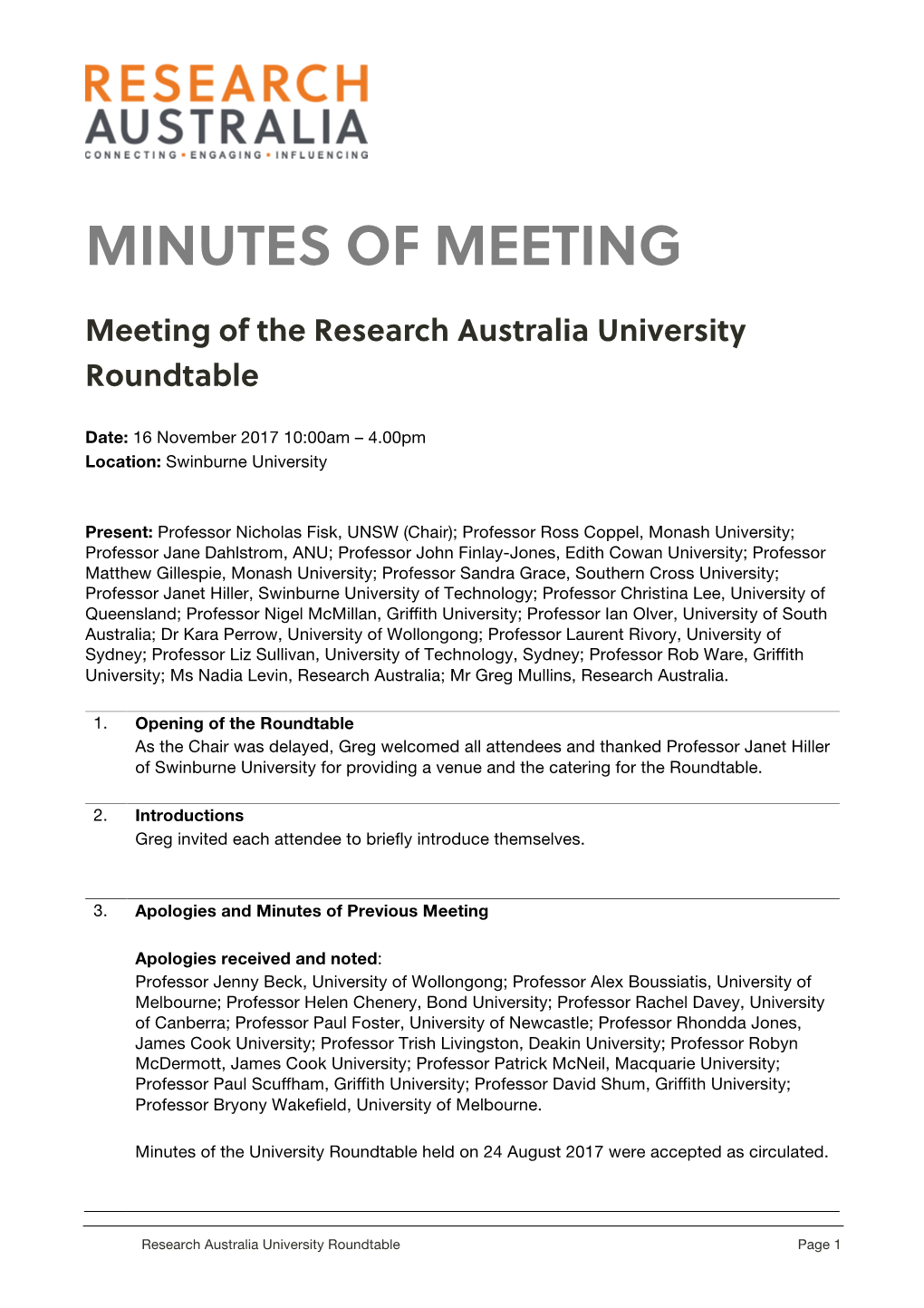 MINUTES of MEETING Meeting of the Research Australia University