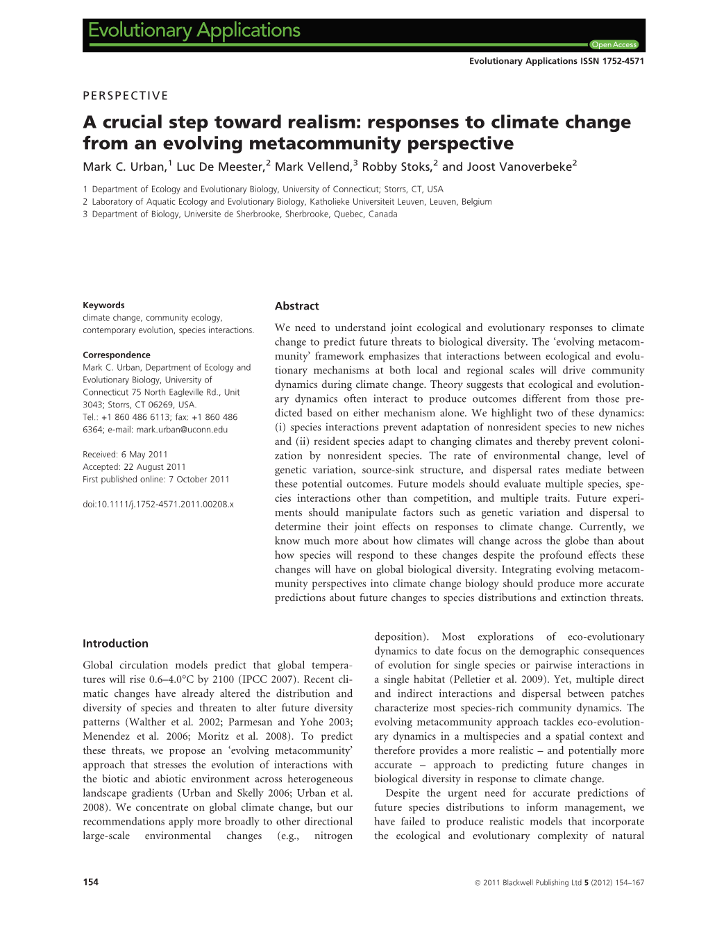 Responses to Climate Change from an Evolving Metacommunity Perspective Mark C