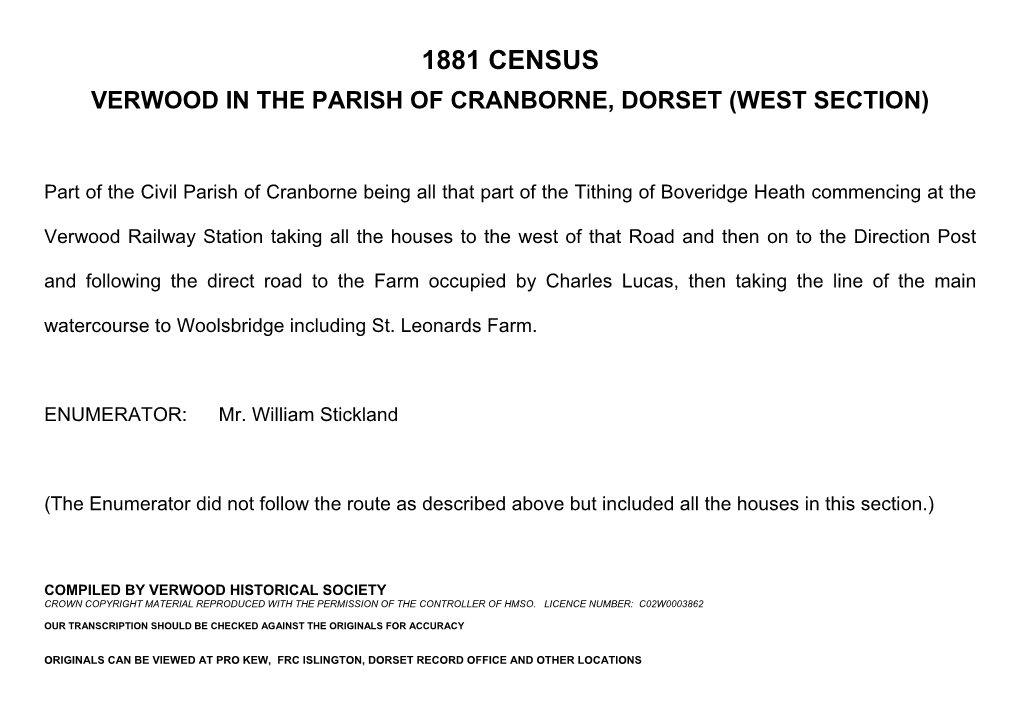 1881 Census Verwood in the Parish of Cranborne, Dorset (West Section)