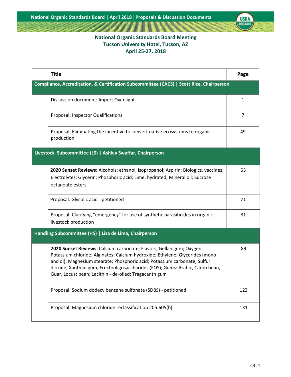 National Organic Standards Board | April 2018| Proposals & Discussion Documents