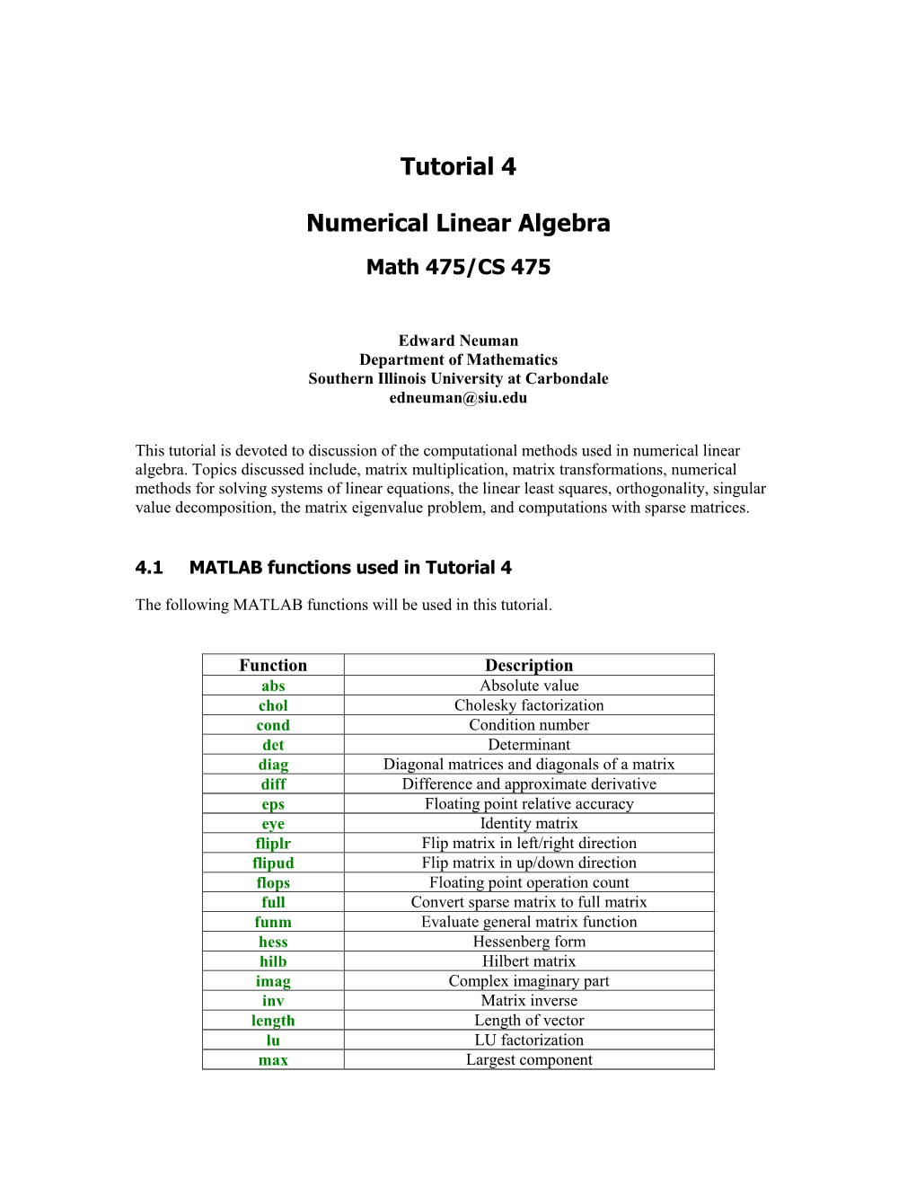 Tutorial 4 Numerical Linear Algebra