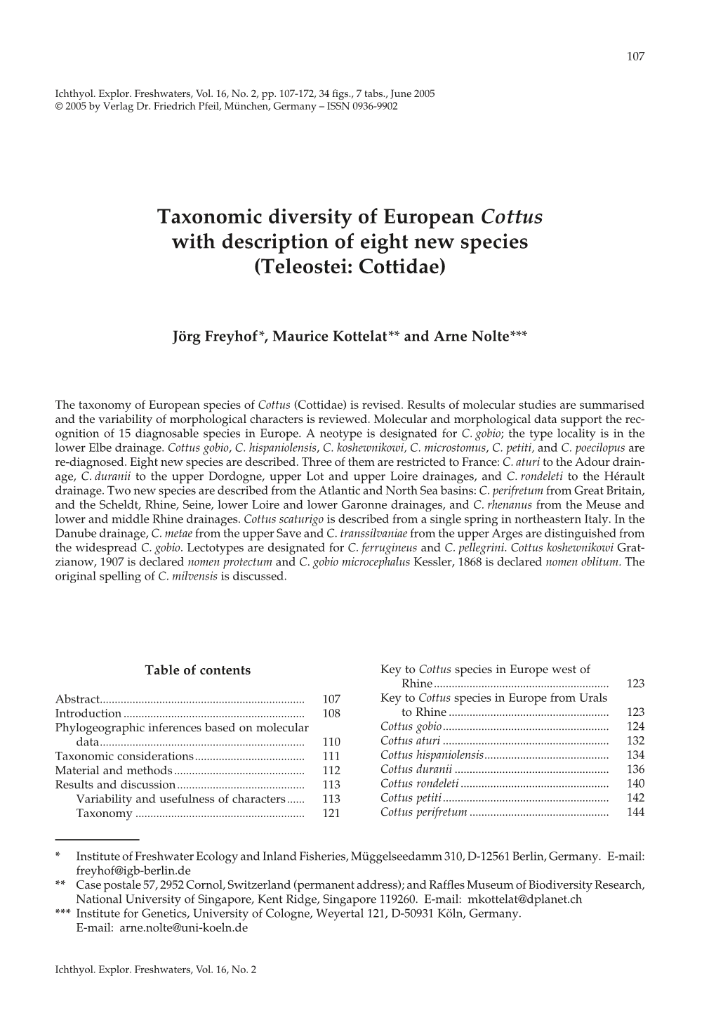 Taxonomic Diversity of European Cottus with Description of Eight New Species (Teleostei: Cottidae)