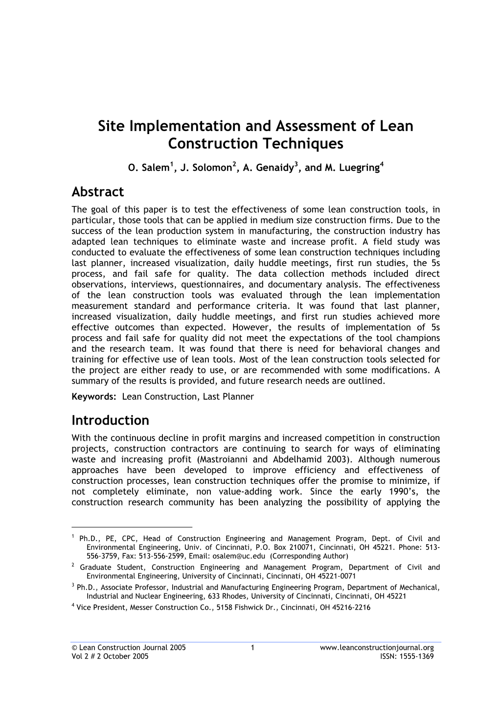 Site Implementation and Assessment of Lean Construction Techniques