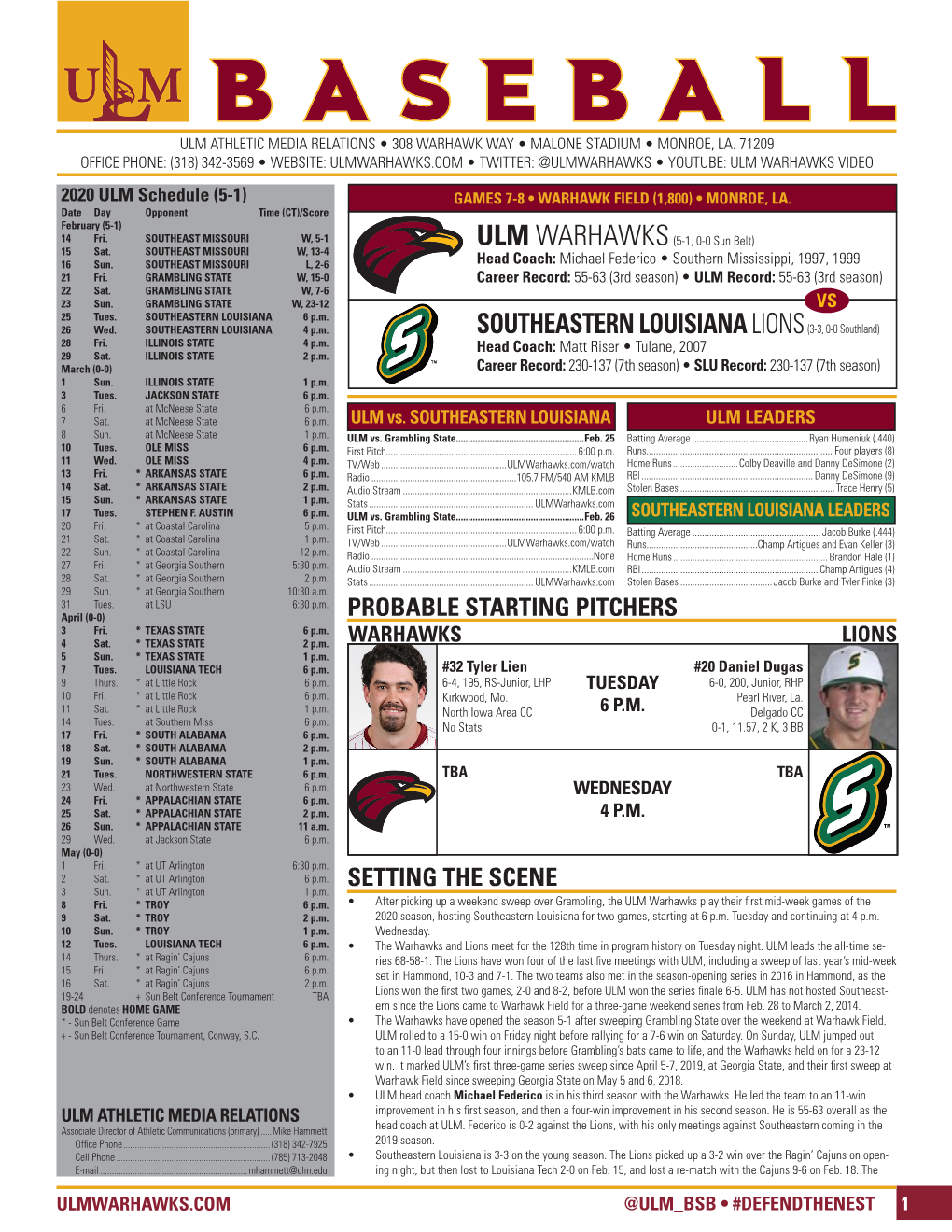 SOUTHEASTERN LOUISIANA LIONS(3-3, 0-0 Southland)