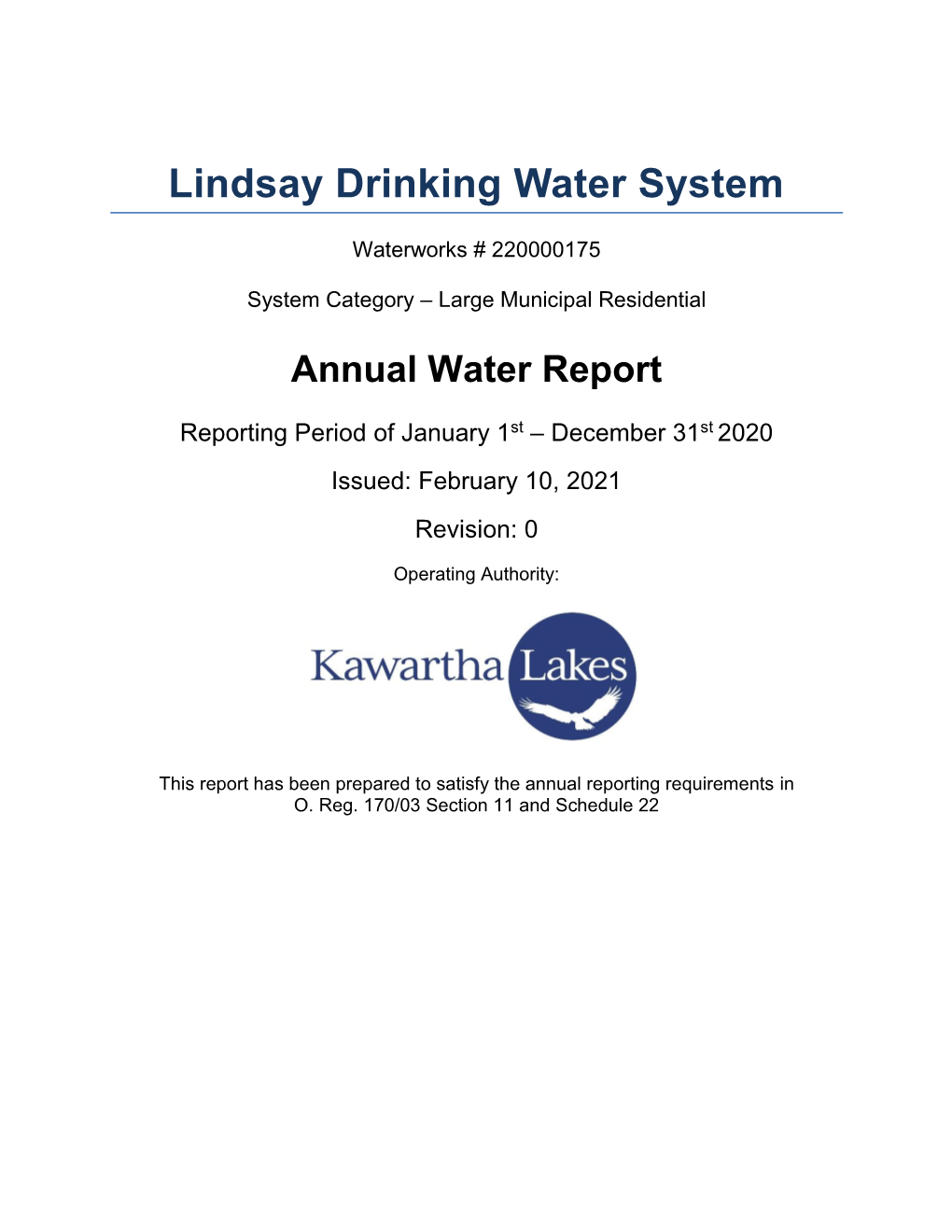 2020 Annual Drinking Water Report for the Lindsay Drinking Water System