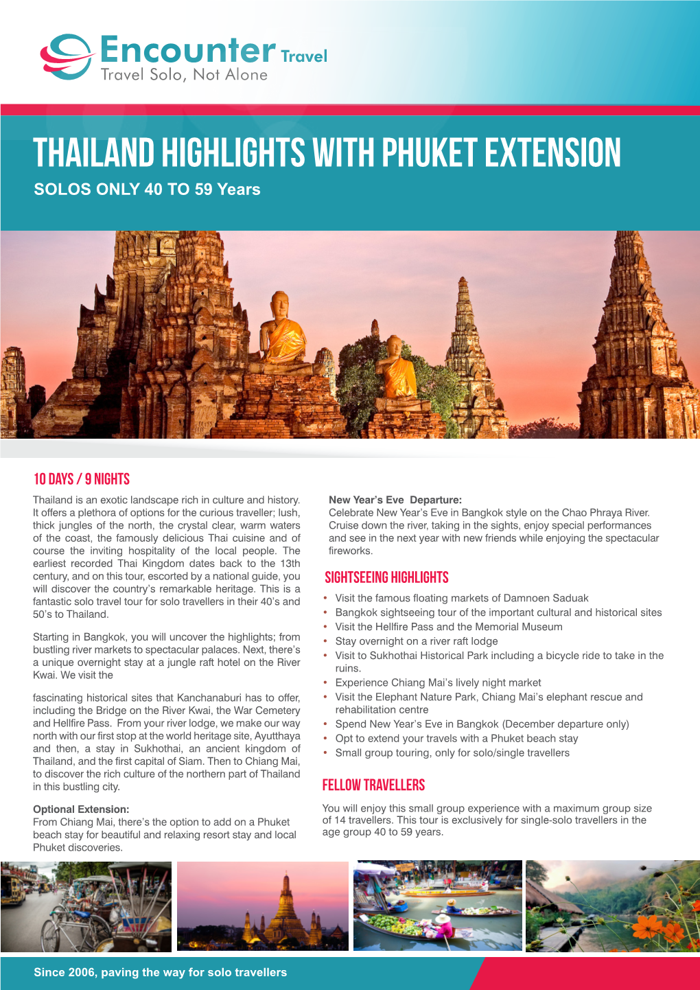THAILAND HIGHLIGHTS with PHUKET EXTENSION SOLOS ONLY 40 to 59 Years