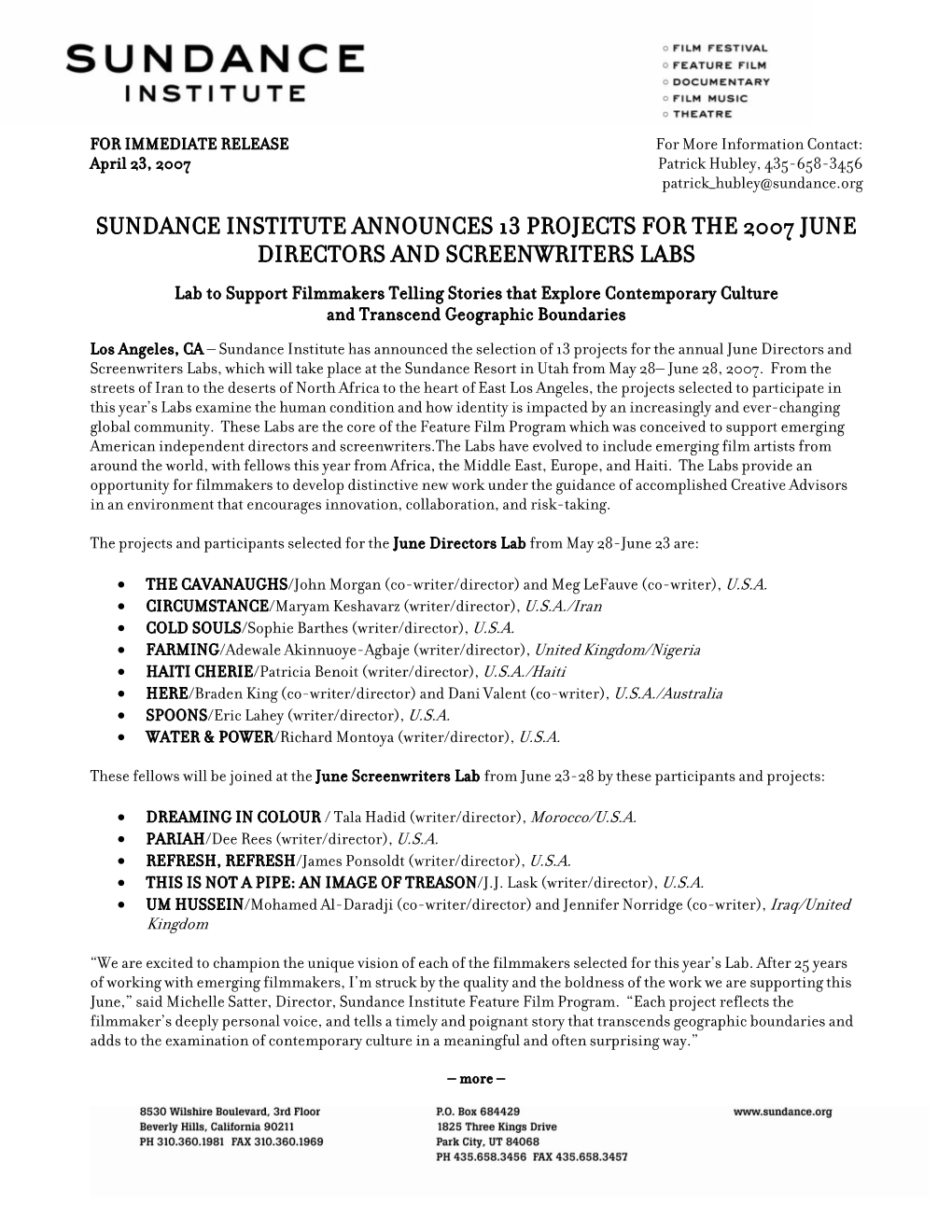 Sundance Institute Announces 13 Projects for the 2007 June Directors and Screenwriters Labs
