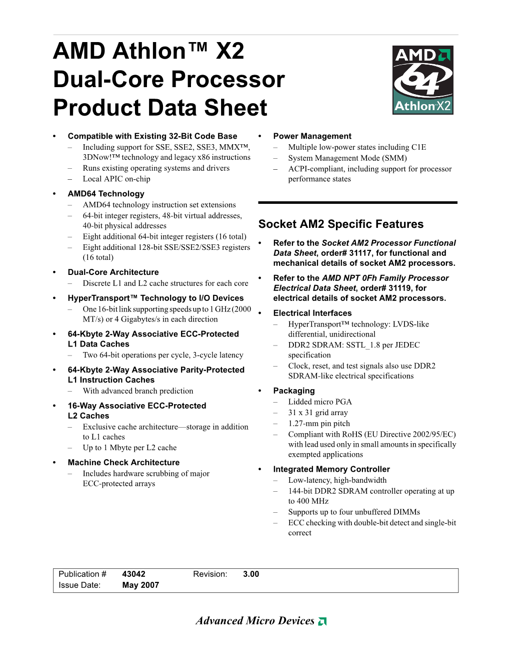 AMD Athlon X2 Dual-Core Processor Product Data Sheet