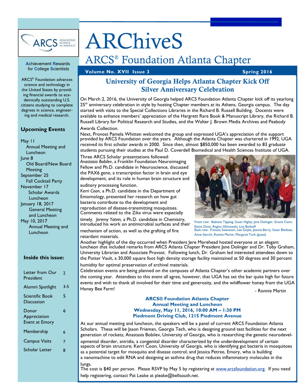 Archives ® Achievement Rewards ARCS Foundation Atlanta Chapter for College Scientists Volume No