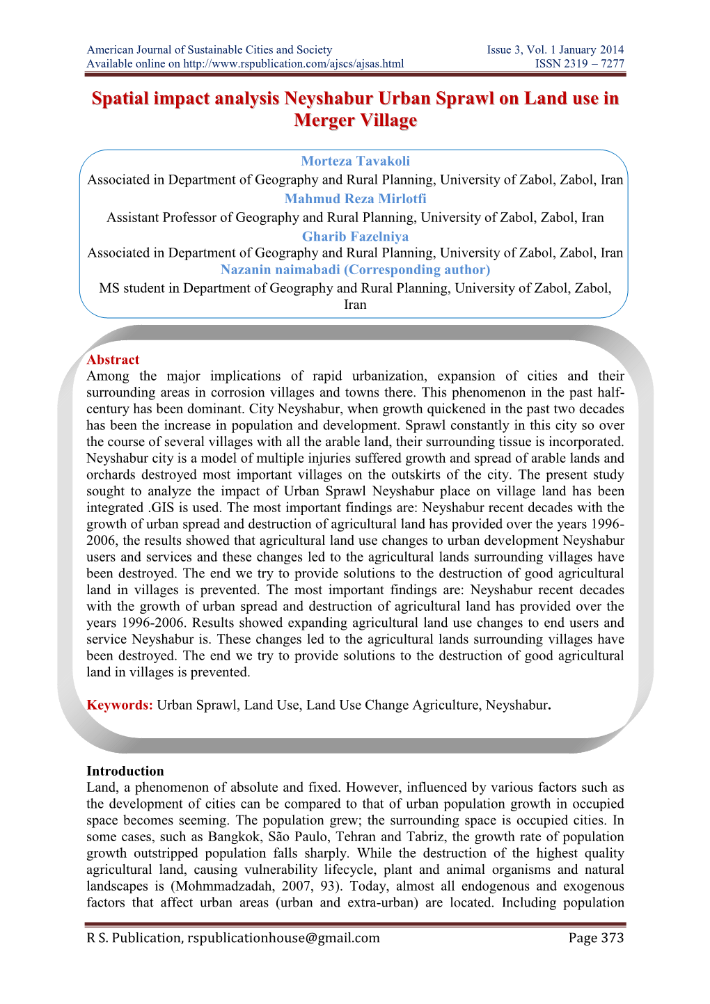 American Journal of Sustainable Cities and Society Issue 3, Vol. 1