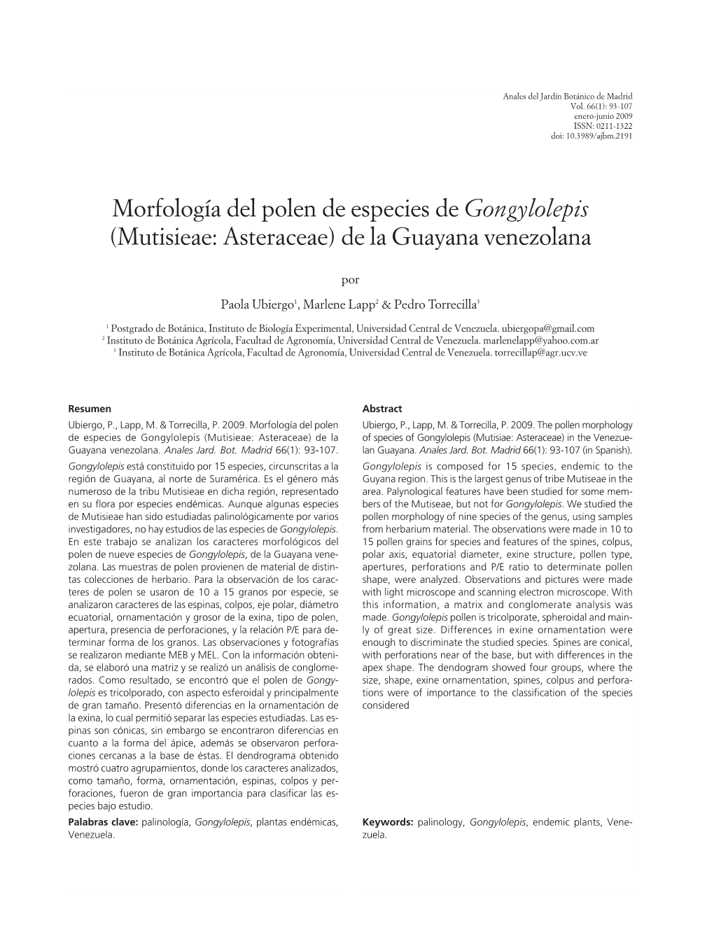 Morfología Del Polen De Especies De Gongylolepis (Mutisieae: Asteraceae) De La Guayana Venezolana