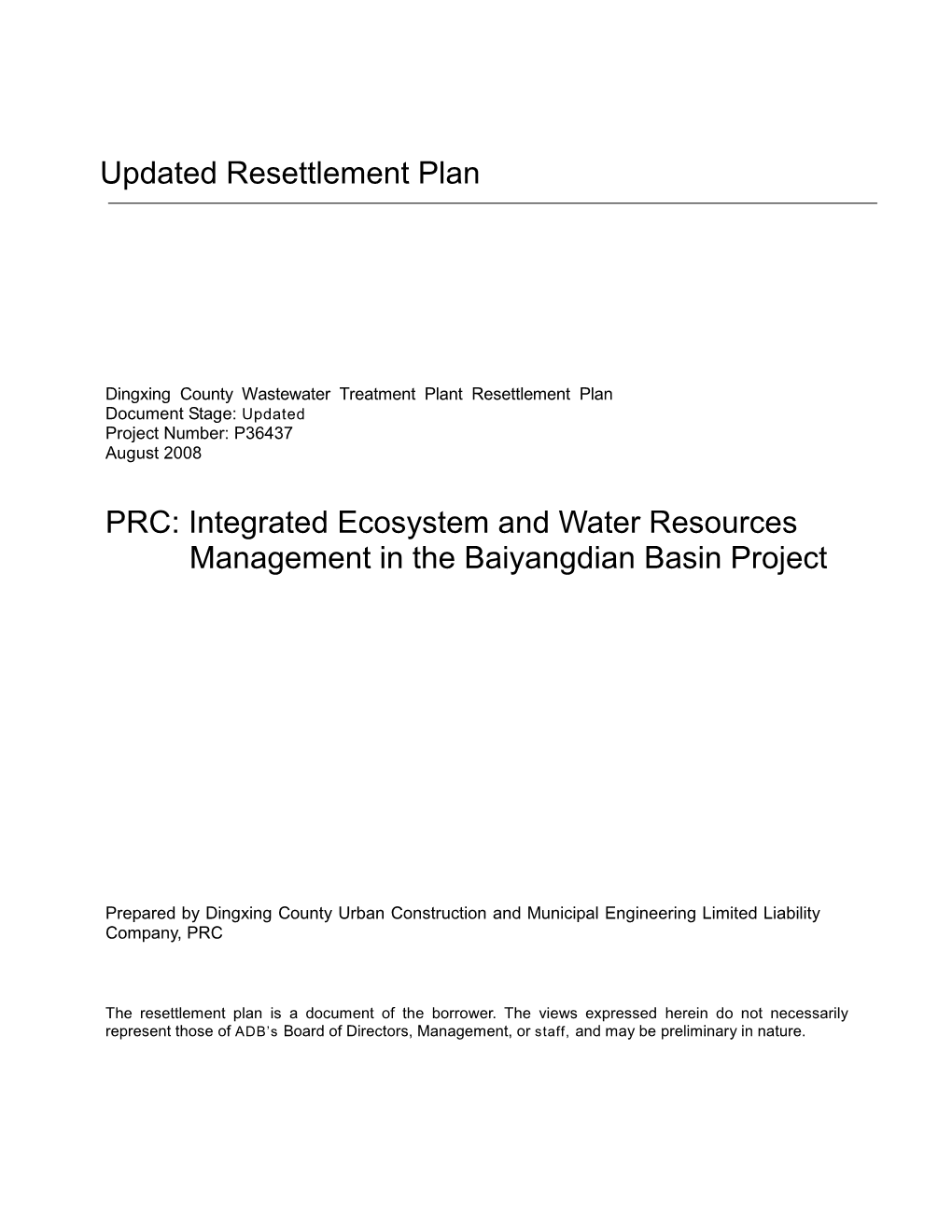 Updated Resettlement Plan PRC: Integrated Ecosystem and Water