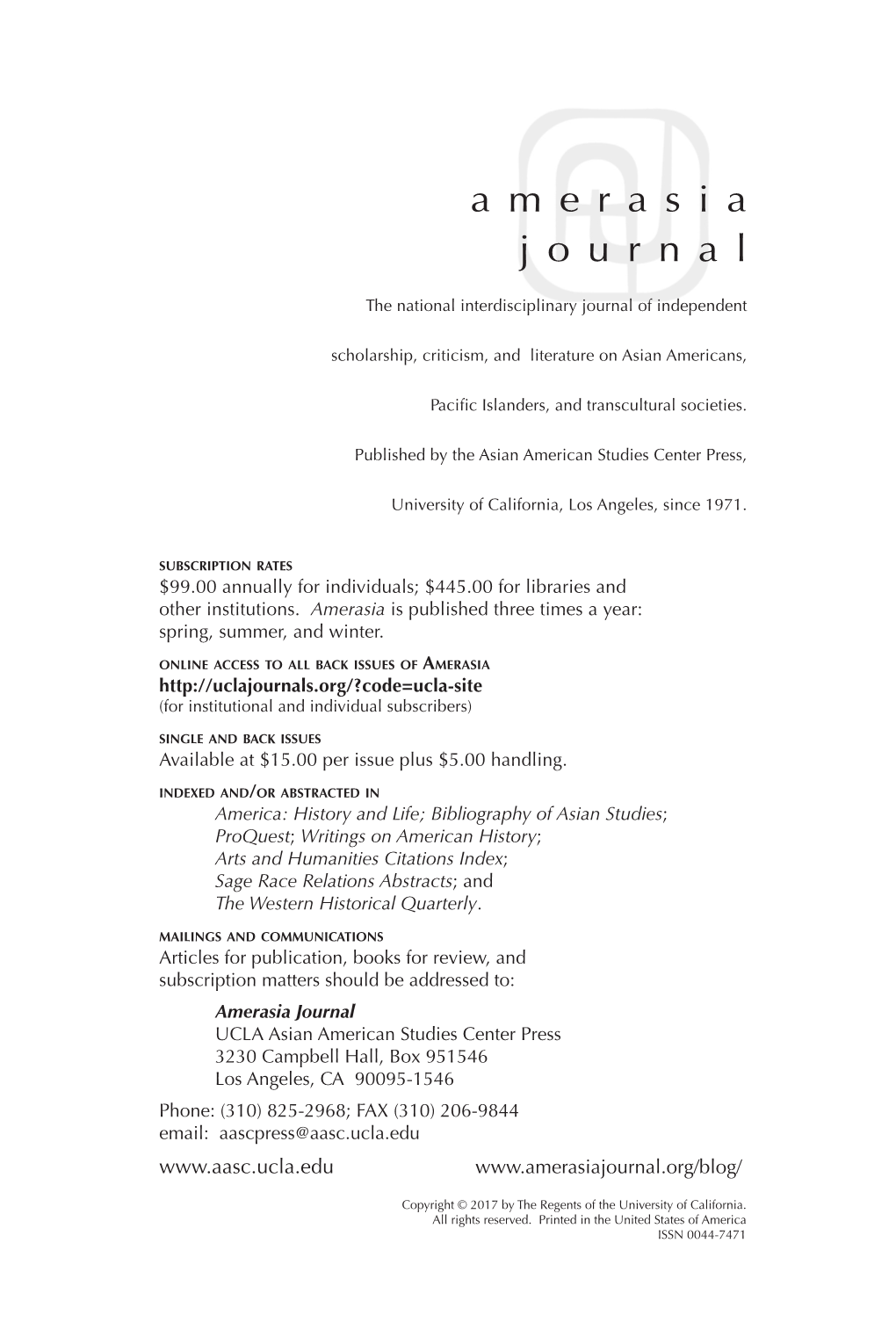 Amerasia Journal Issue 43:1 Table of Contents & Editors' Notes