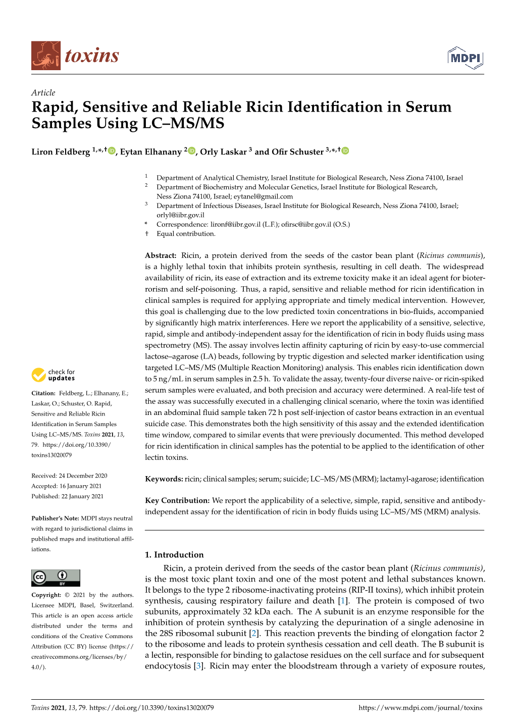 Rapid, Sensitive and Reliable Ricin Identification in Serum Samples