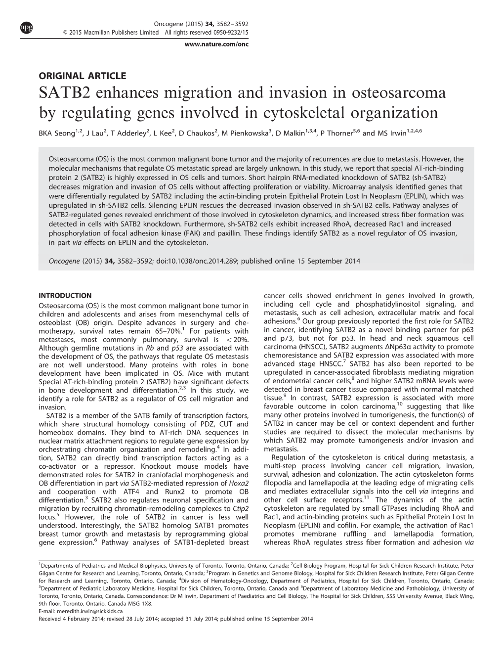 SATB2 Enhances Migration and Invasion in Osteosarcoma by Regulating Genes Involved in Cytoskeletal Organization