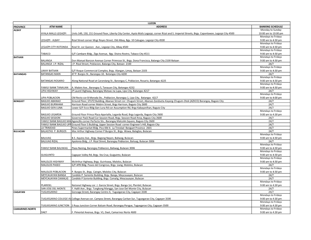 Province Atm Name Address Banking Schedule Ayala