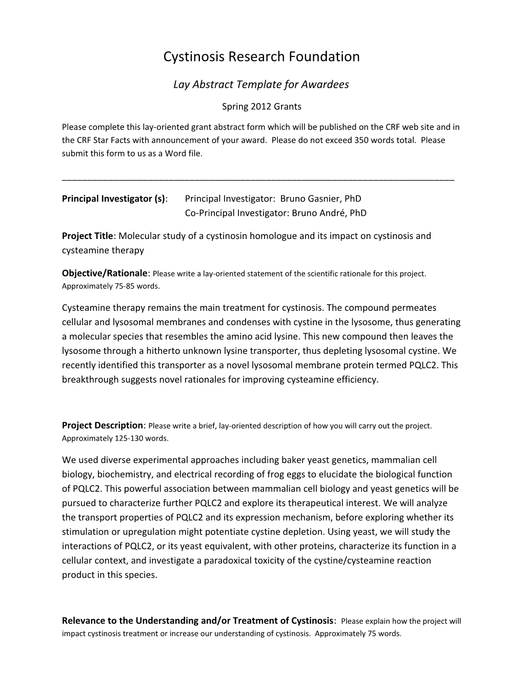 Lay Abstract Template for Awardees