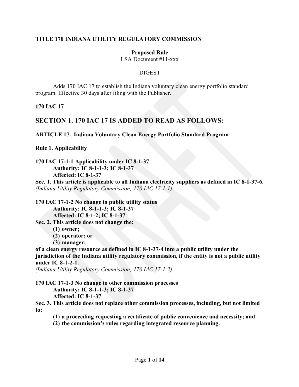 Title 170 Indiana Utility Regulatory Commission