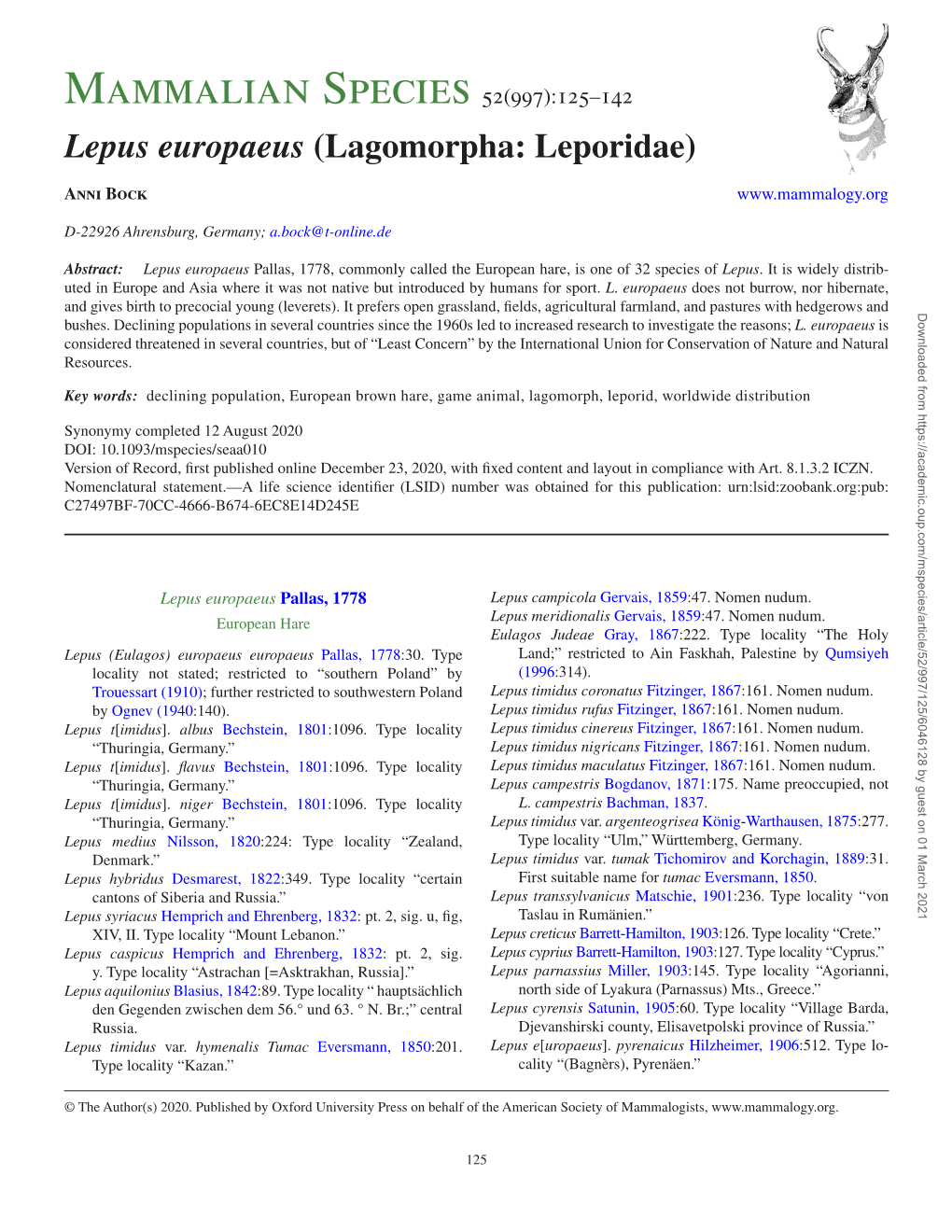 Mammalian Species 52(997):125–142 Lepus Europaeus (Lagomorpha: Leporidae)