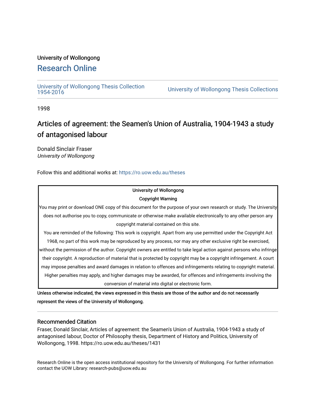 The Seamen's Union of Australia, 1904-1943 a Study of Antagonised Labour