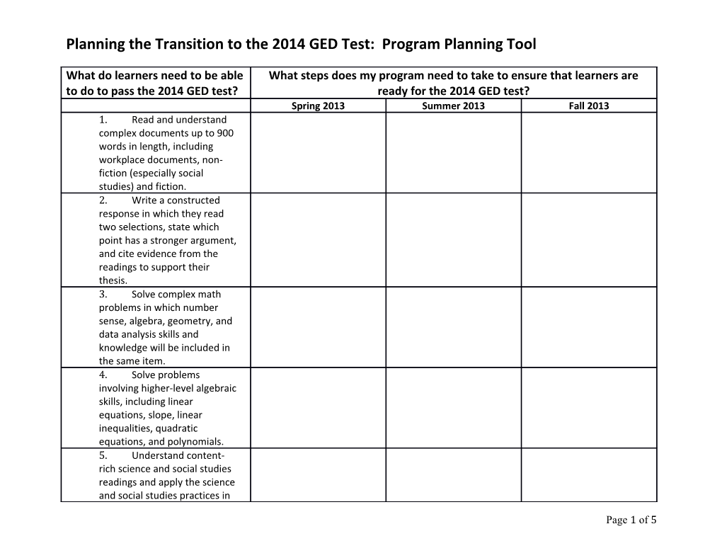 Planning The Transition To The 2014 GED Test: Program Planning Worksheet #2