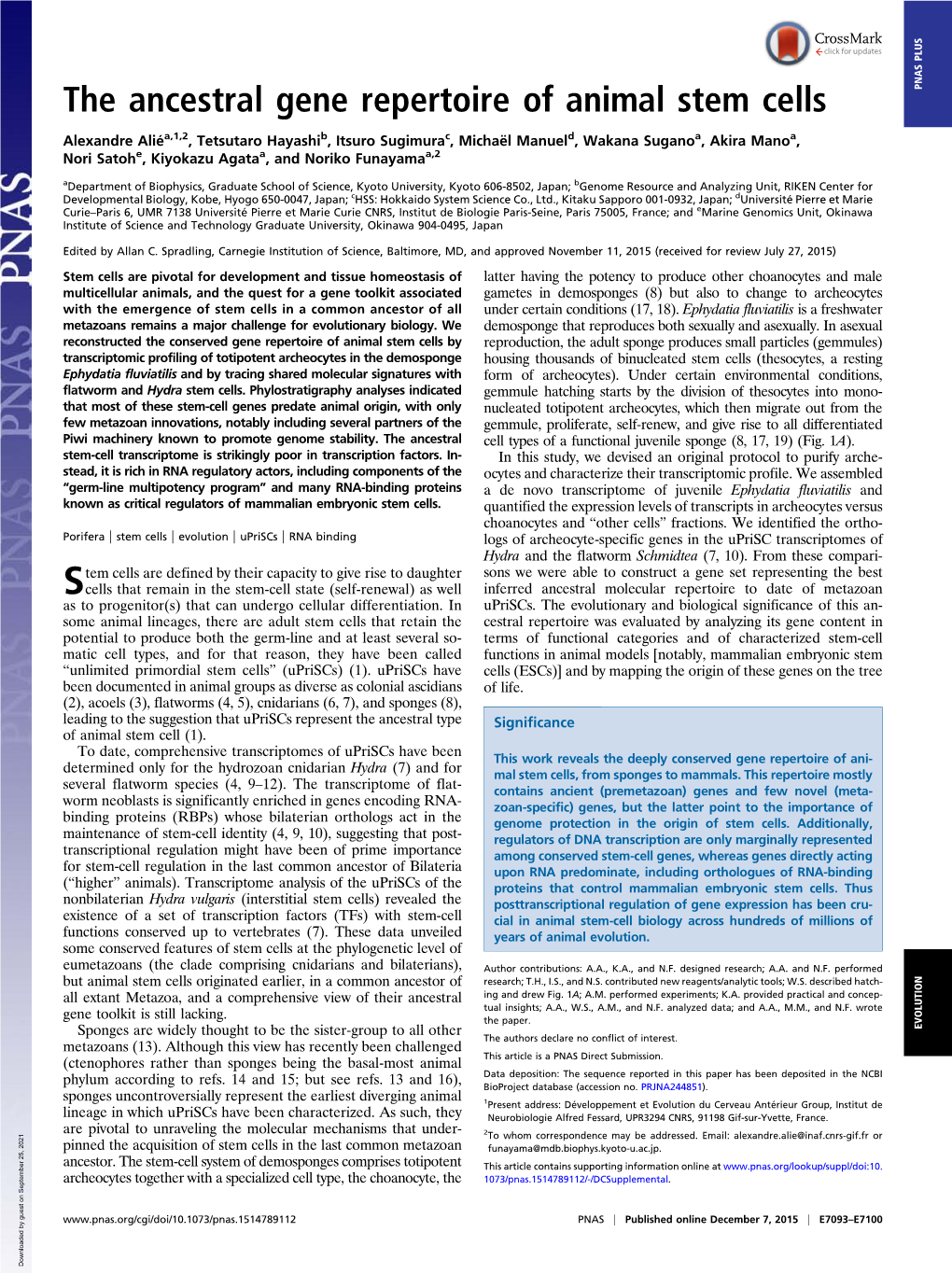 The Ancestral Gene Repertoire of Animal Stem Cells PNAS PLUS