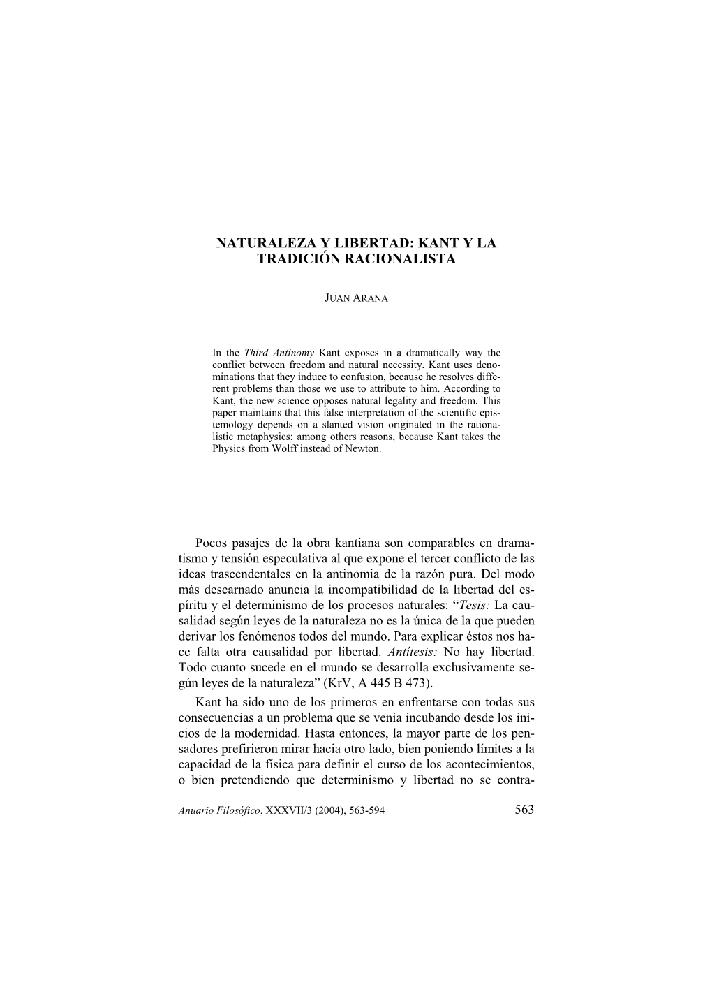 Naturaleza Y Libertad: Kant Y La Tradición Racionalista