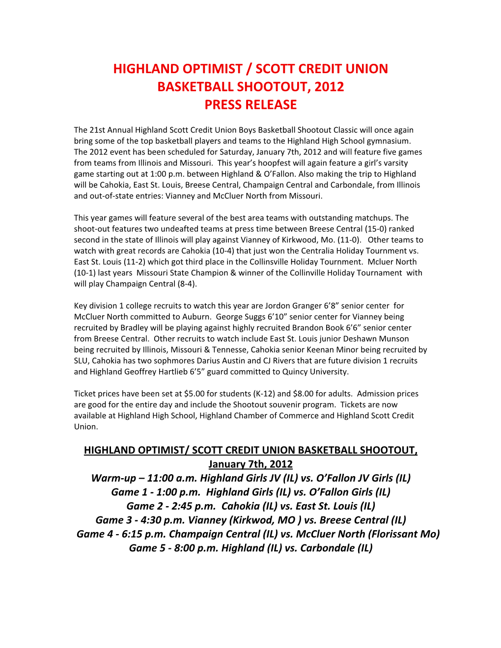 Highland Optimist / Scott Credit Union Basketball Shootout, 2012 Press Release