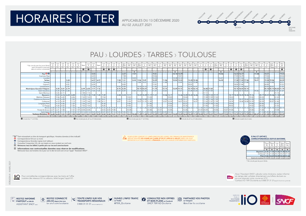 HORAIRES Lio TER APPLICABLES DU 13 DÉCEMBRE 2020 MONTRÉJEAU T P AU 02 JUILLET 2021 LUCHON BAYONNE IRUN HENDAYE