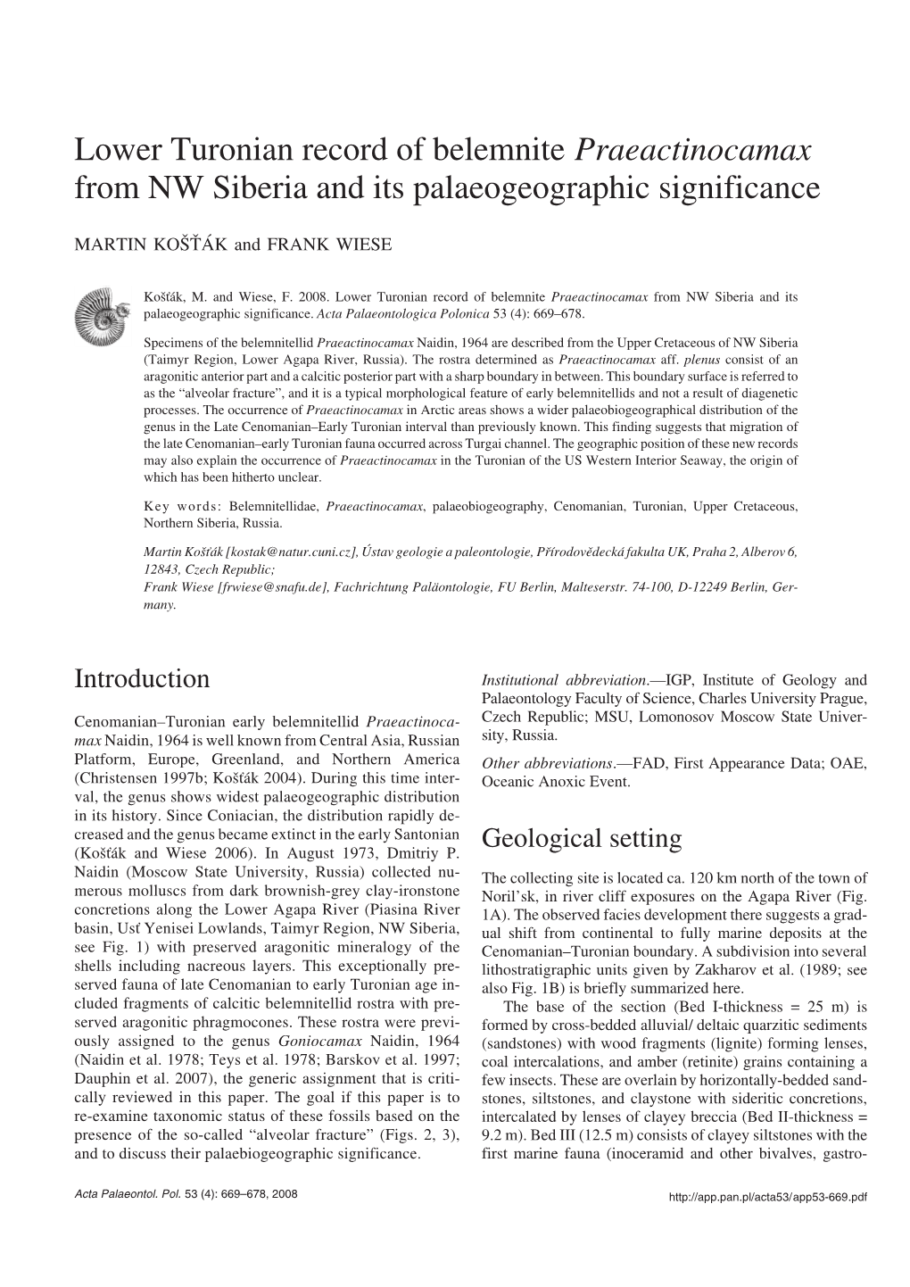 Lower Turonian Record of Belemnite Praeactinocamax from NW Siberia and Its Palaeogeographic Significance