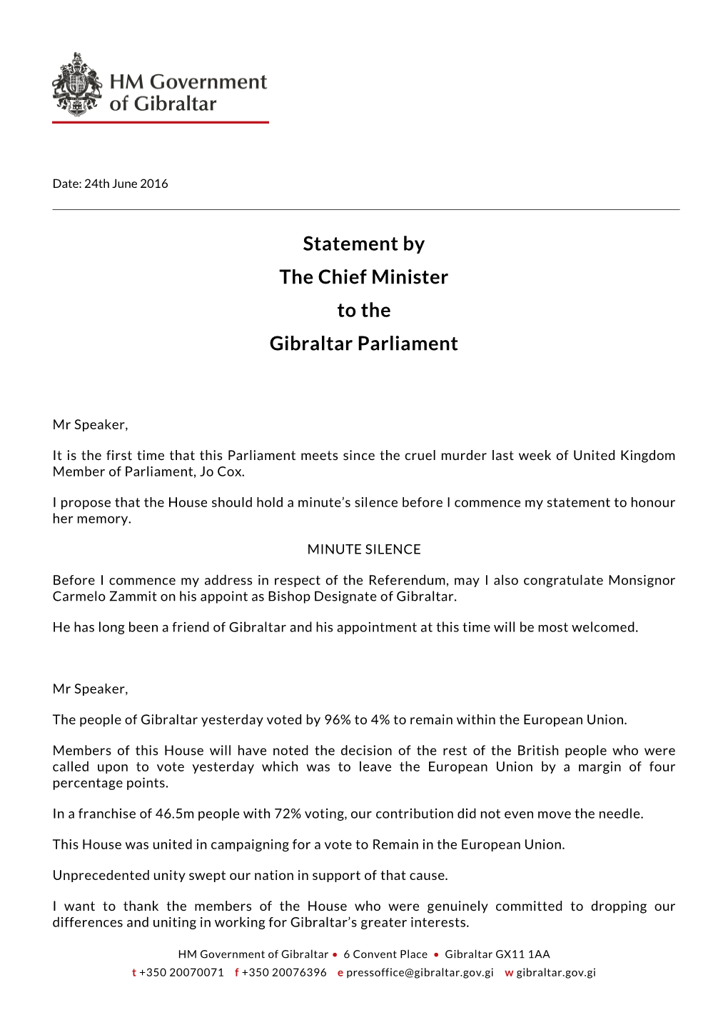 Statement by the Chief Minister to the Gibraltar Parliament