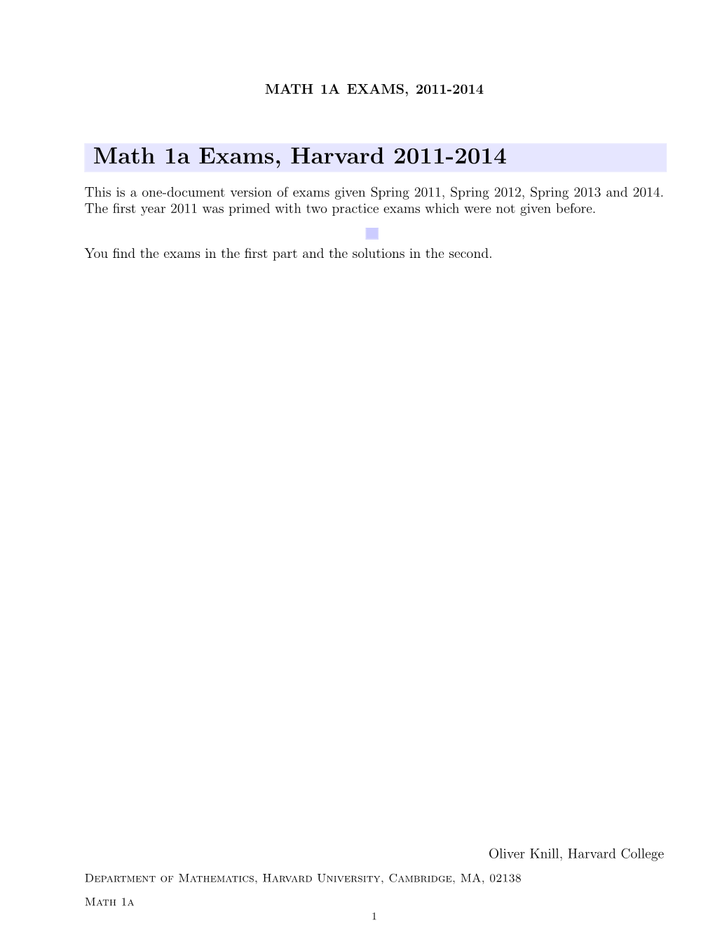 Math 1A Exams, Harvard 2011-2014