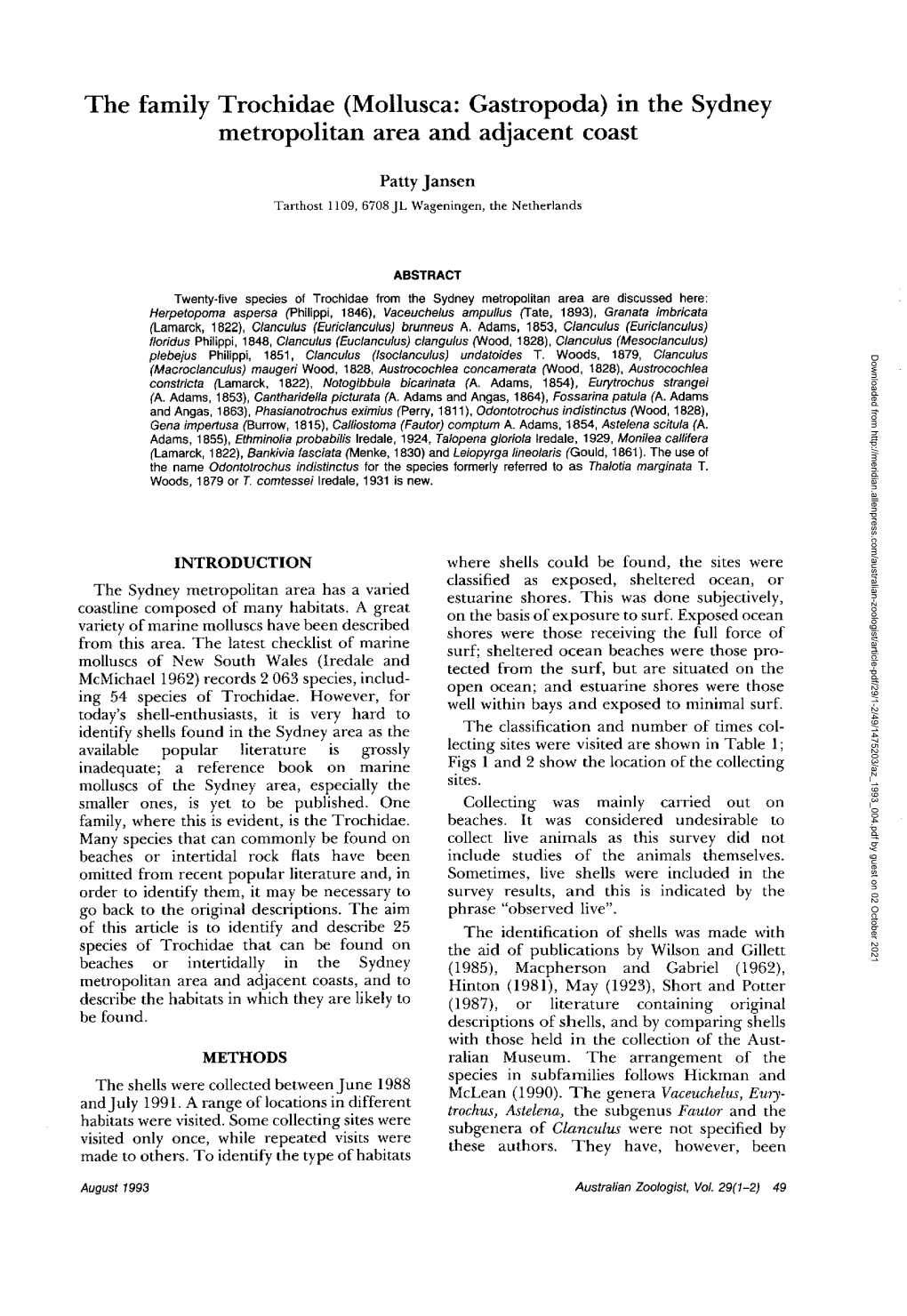 The Family Trochidae (Mollusca: Gastropoda) in the Sydney Metropolitan Area and Adjacent Coast