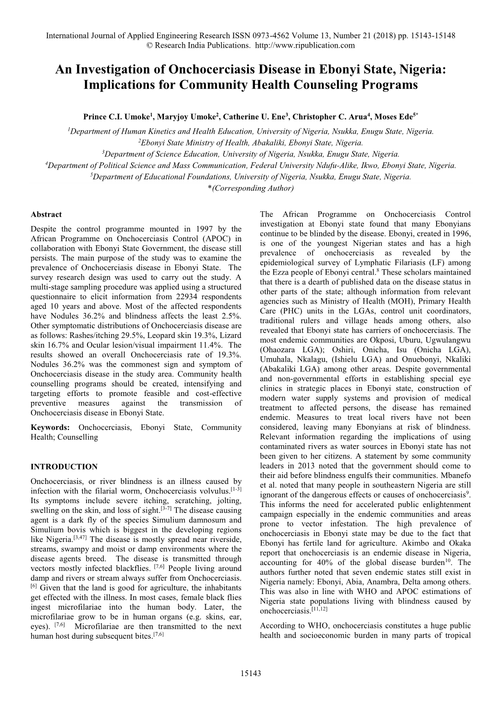 An Investigation of Onchocerciasis Disease in Ebonyi State, Nigeria: Implications for Community Health Counseling Programs