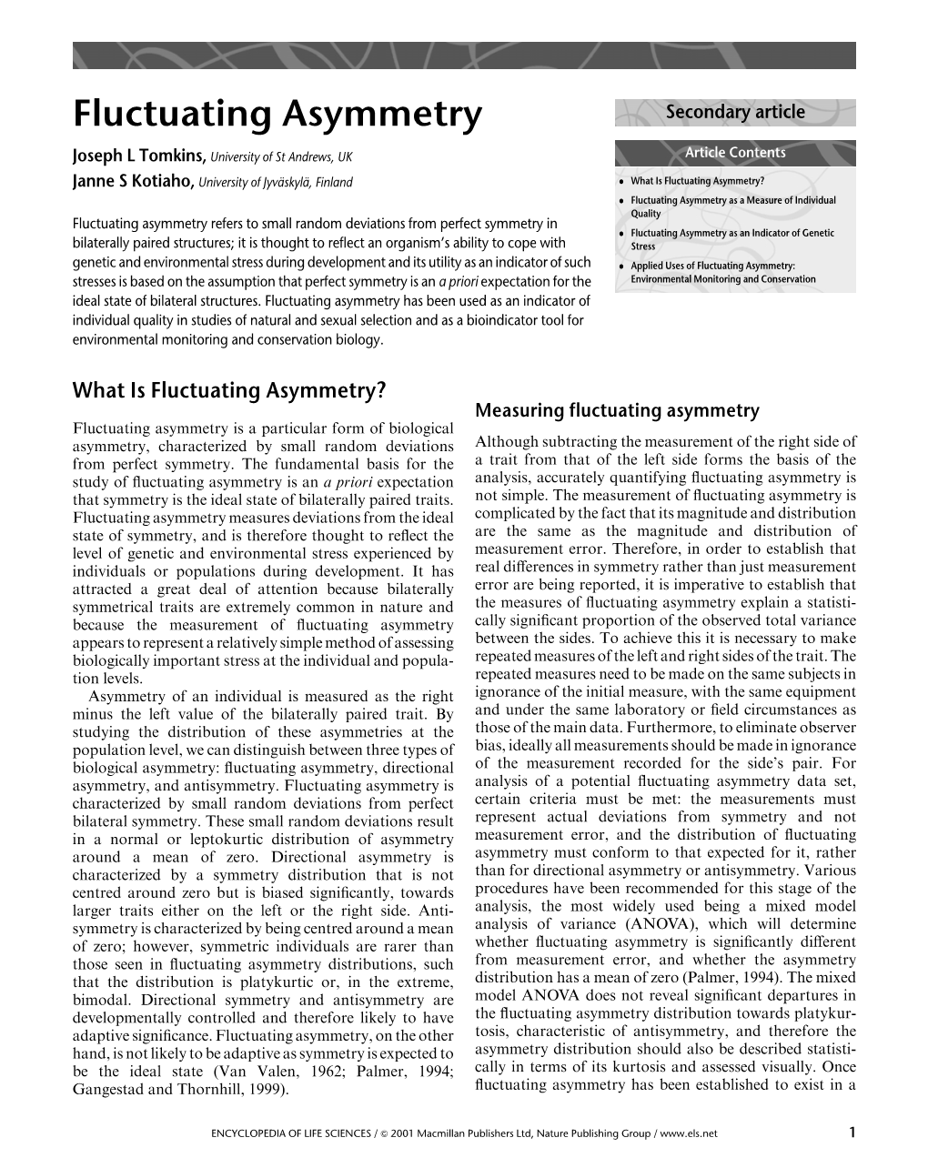 Fluctuating Asymmetry Secondary Article