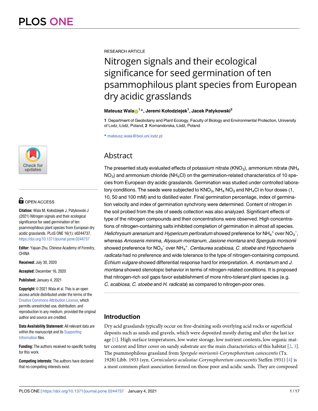 Nitrogen Signals and Their Ecological Significance for Seed Germination of Ten Psammophilous Plant Species from European Dry Acidic Grasslands