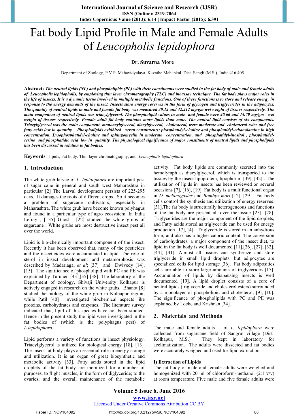 Fat Body Lipid Profile in Male and Female Adults of Leucopholis Lepidophora