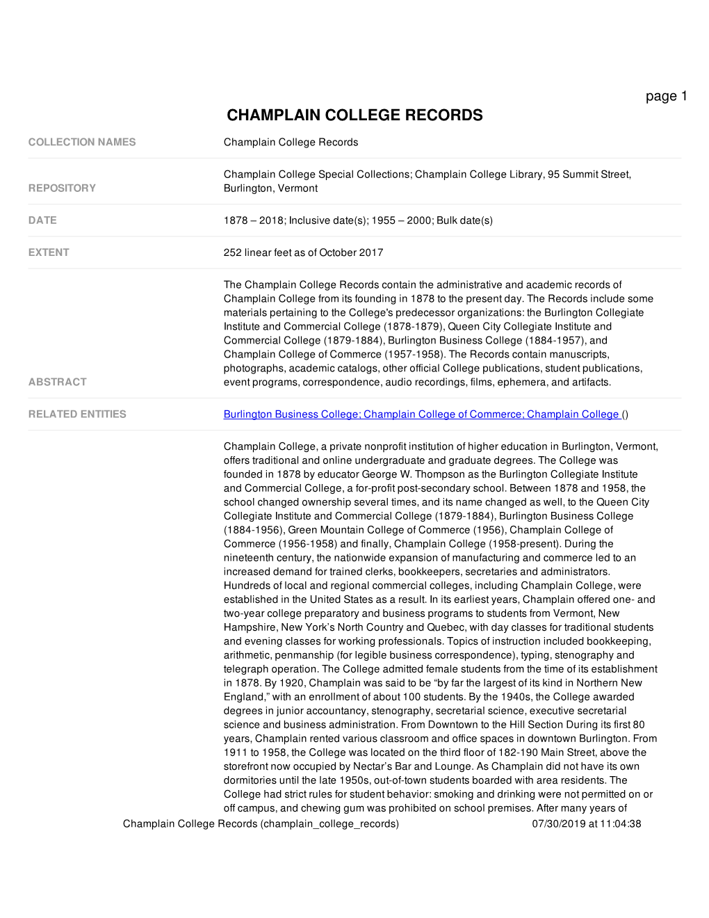 Summary for Champlain College Records