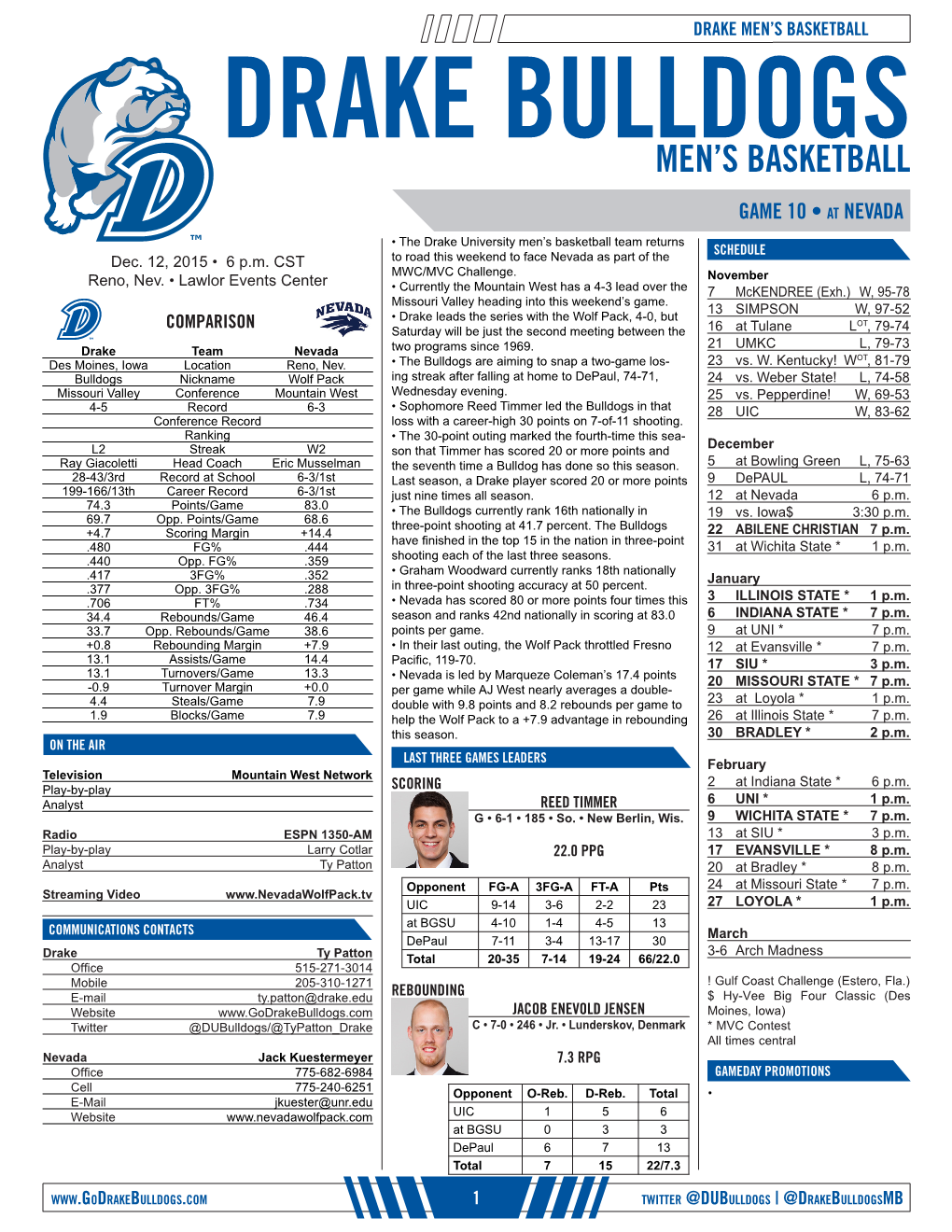 Men's Basketball Drake Season Schedule/Results & Leaders (As of Dec 10, 2015) DRAKE MEN’S BASKETBALL All Games 2015-16 RESULTS