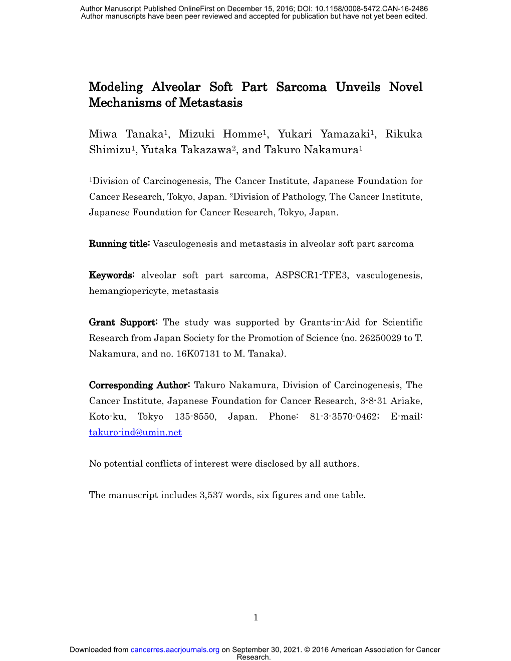 Modeling Alveolar Soft Part Sarcoma Unveils Novel Mechanisms of Metastasis