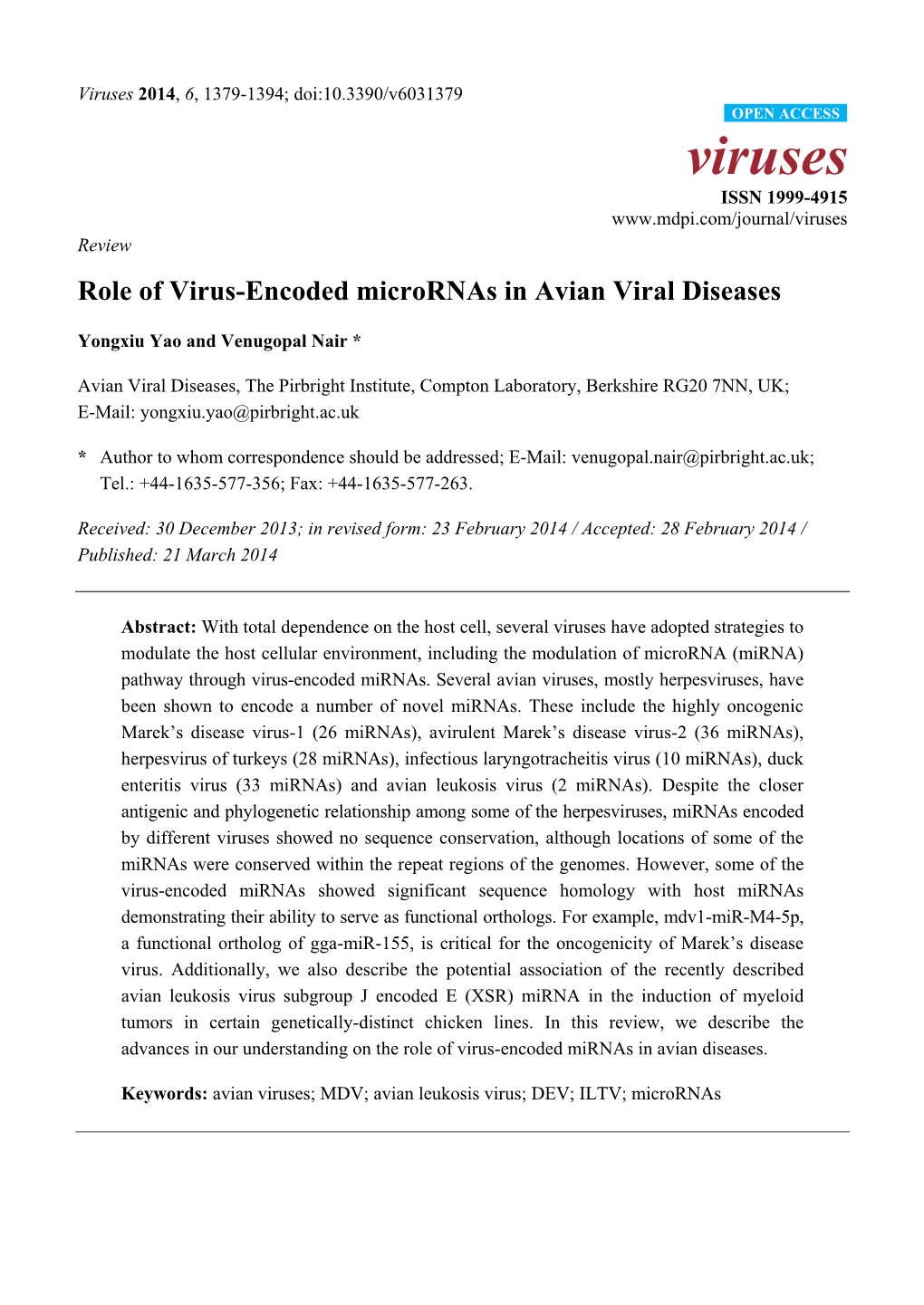 Role of Virus-Encoded Micrornas in Avian Viral Diseases