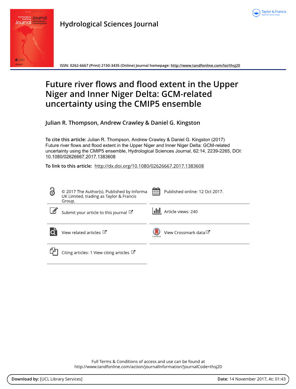Future River Flows and Flood Extent in the Upper Niger and Inner Niger Delta: GCM-Related Uncertainty Using the CMIP5 Ensemble