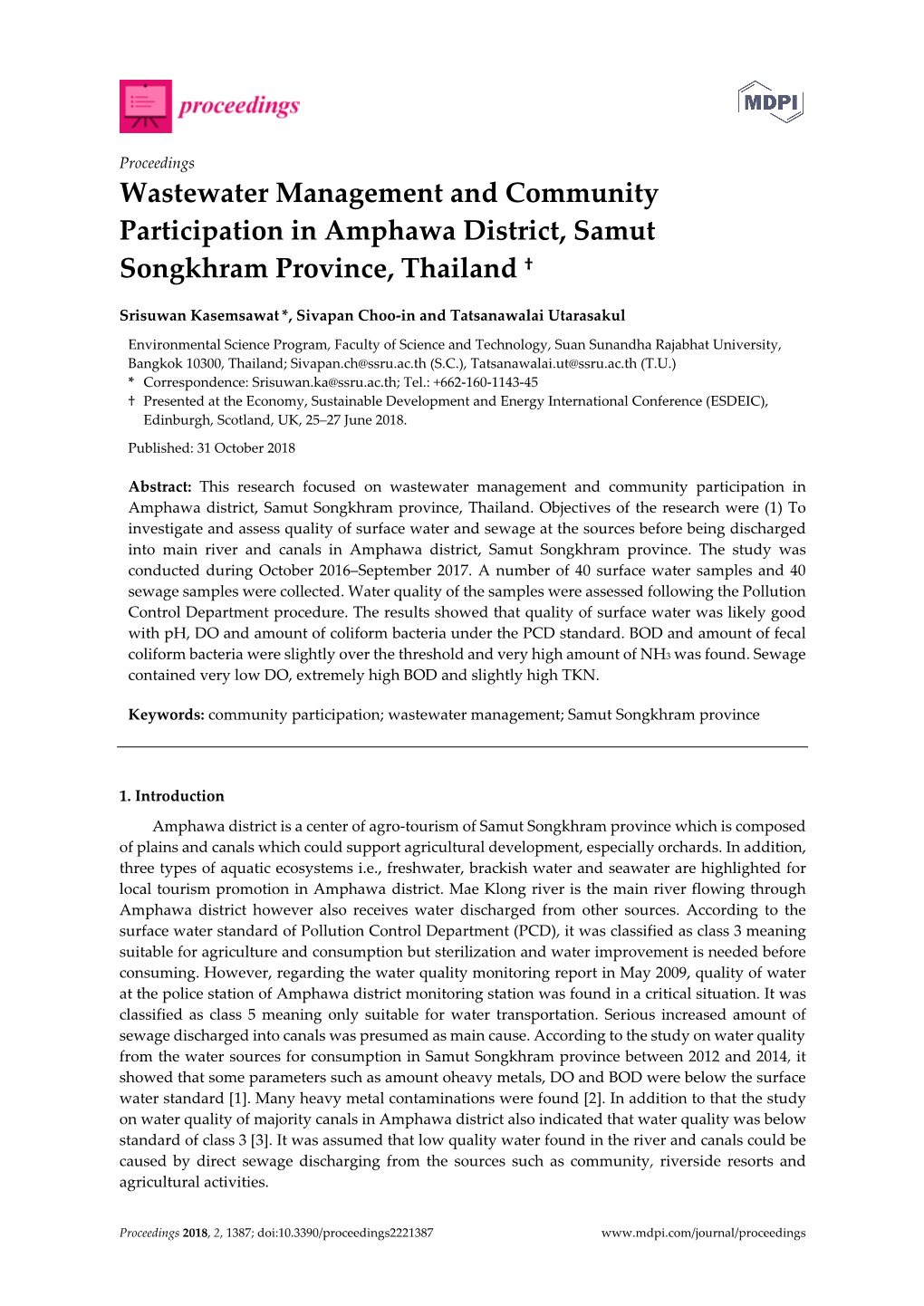 Wastewater Management and Community Participation in Amphawa District, Samut Songkhram Province, Thailand †