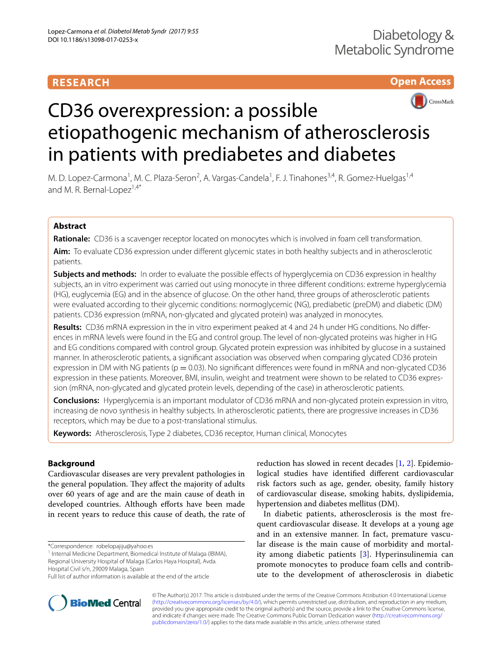 CD36 Overexpression: a Possible Etiopathogenic Mechanism of Atherosclerosis in Patients with Prediabetes and Diabetes M