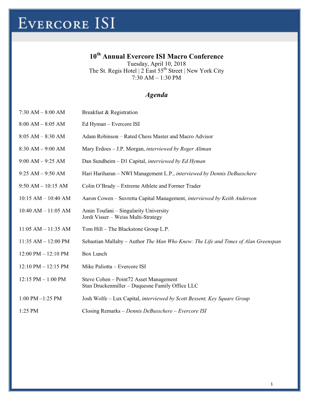 10 Annual Evercore ISI Macro Conference Agenda