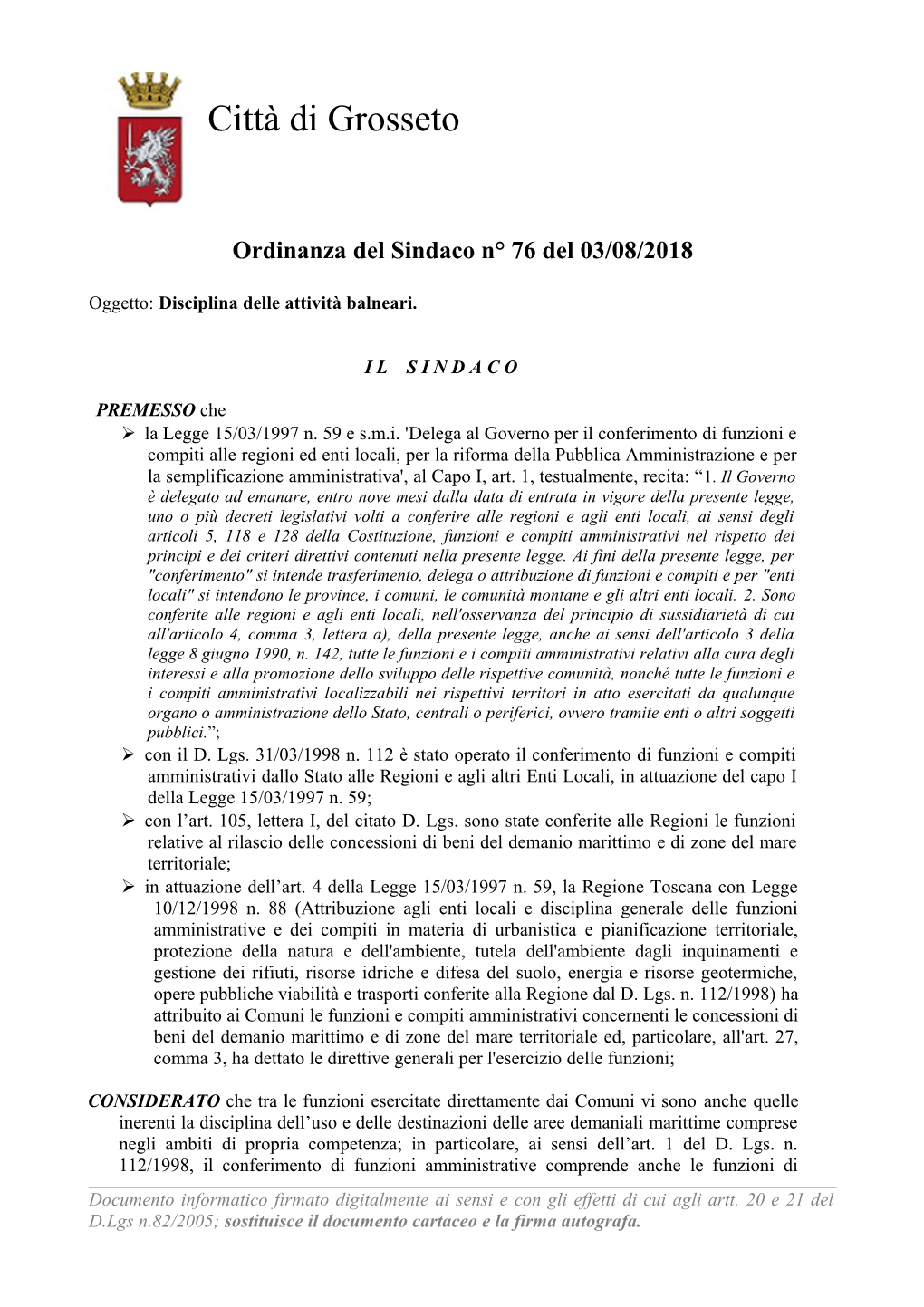 Ordinanza Del Sindaco N° 76 Del 03/08/2018