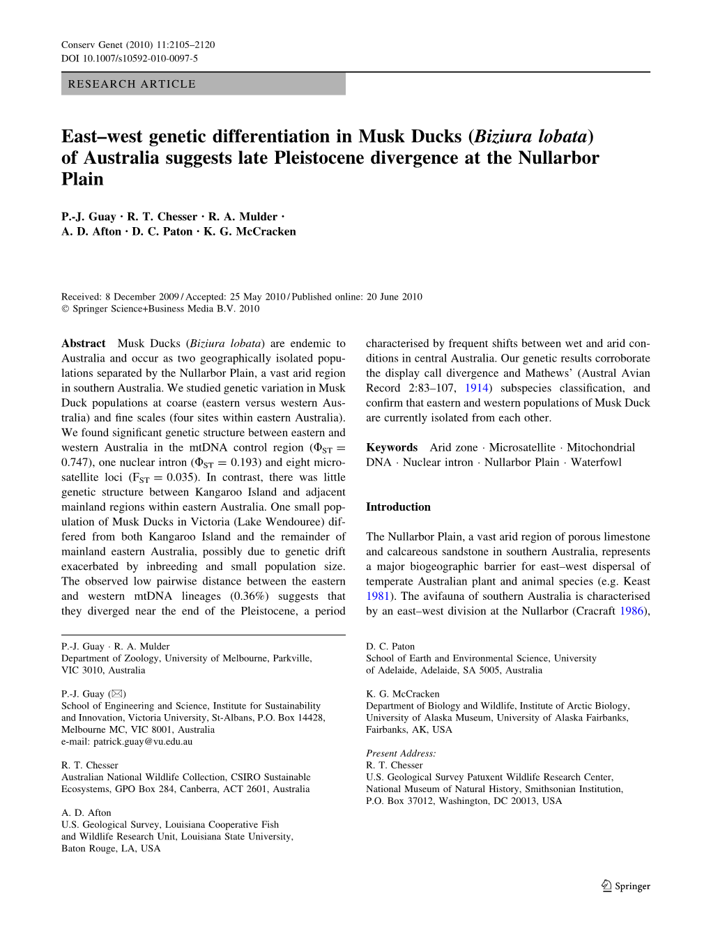 East–West Genetic Differentiation in Musk Ducks (Biziura Lobata) of Australia Suggests Late Pleistocene Divergence at the Nullarbor Plain