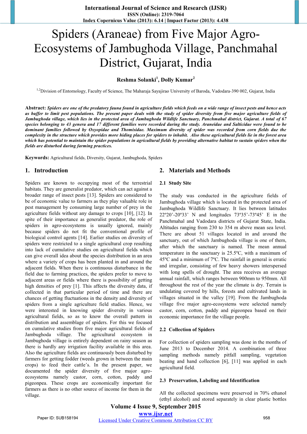 Spiders (Araneae) from Five Major Agro- Ecosystems of Jambughoda Village, Panchmahal District, Gujarat, India
