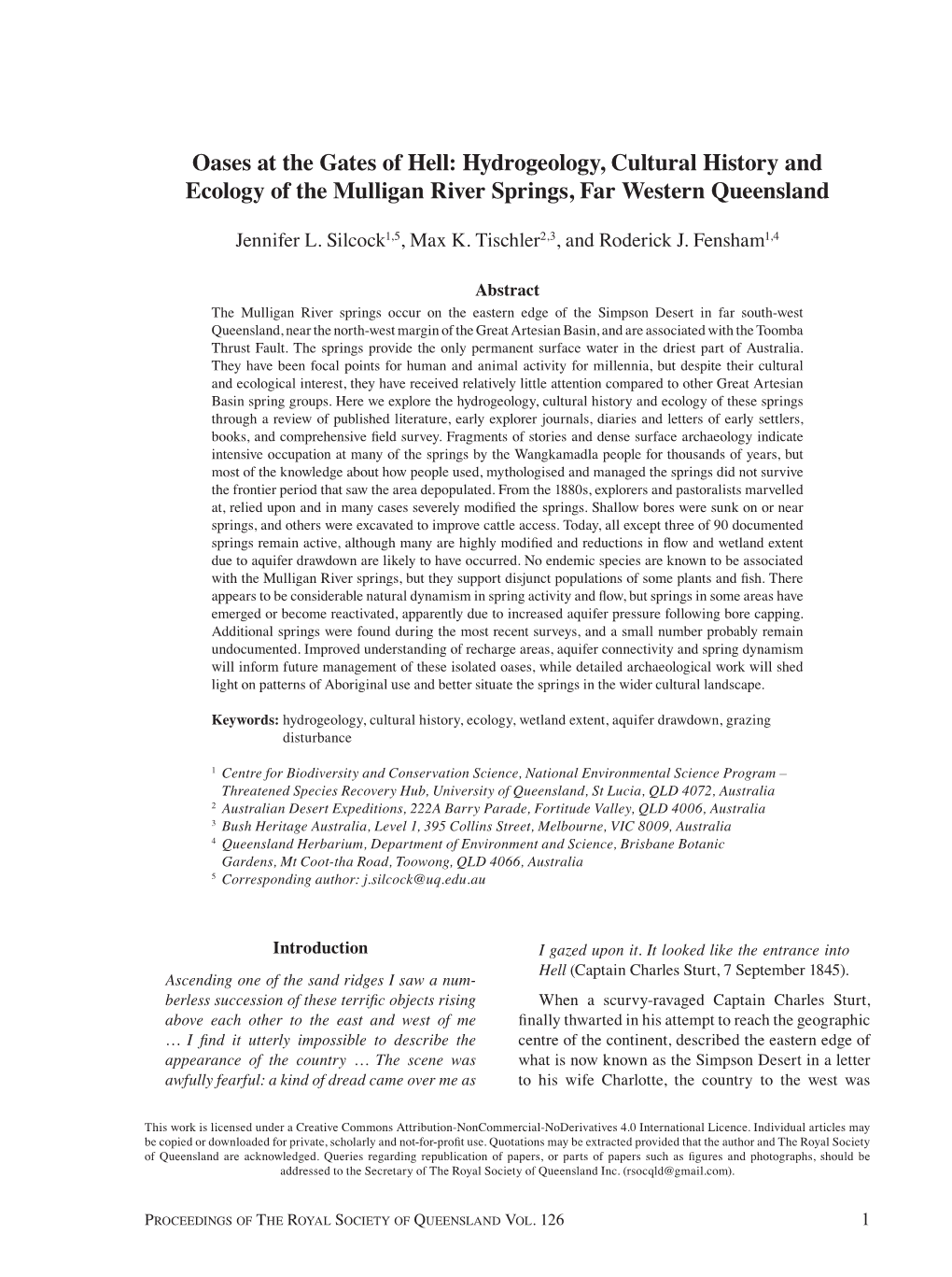 Oases at the Gates of Hell: Hydrogeology, Cultural History and Ecology of the Mulligan River Springs, Far Western Queensland