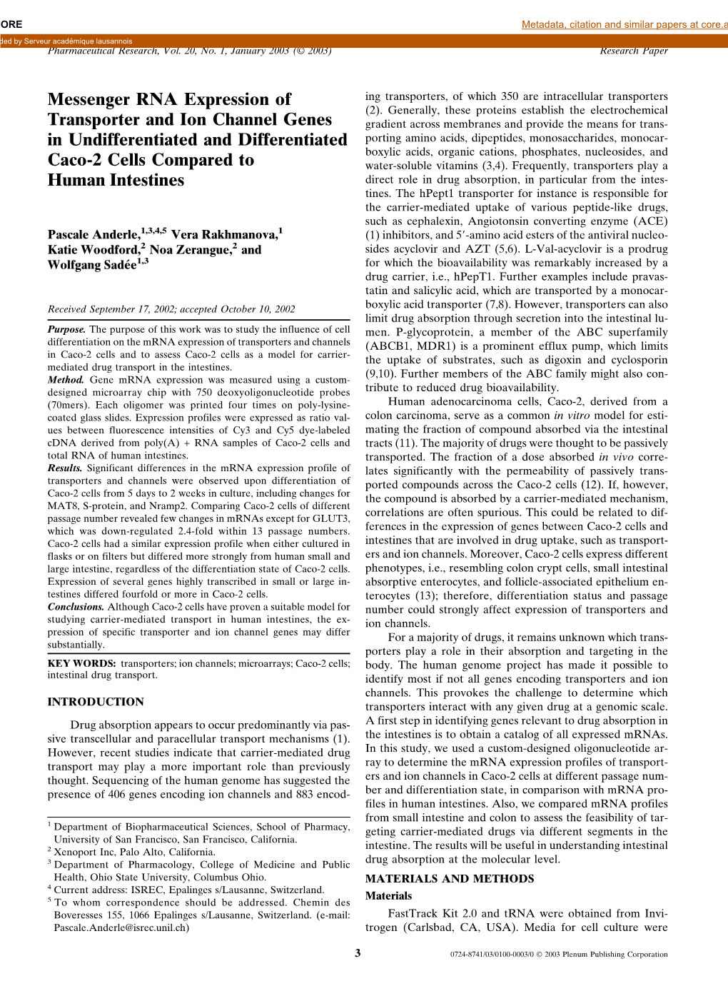 Messenger RNA Expression of Transporter and Ion Channel